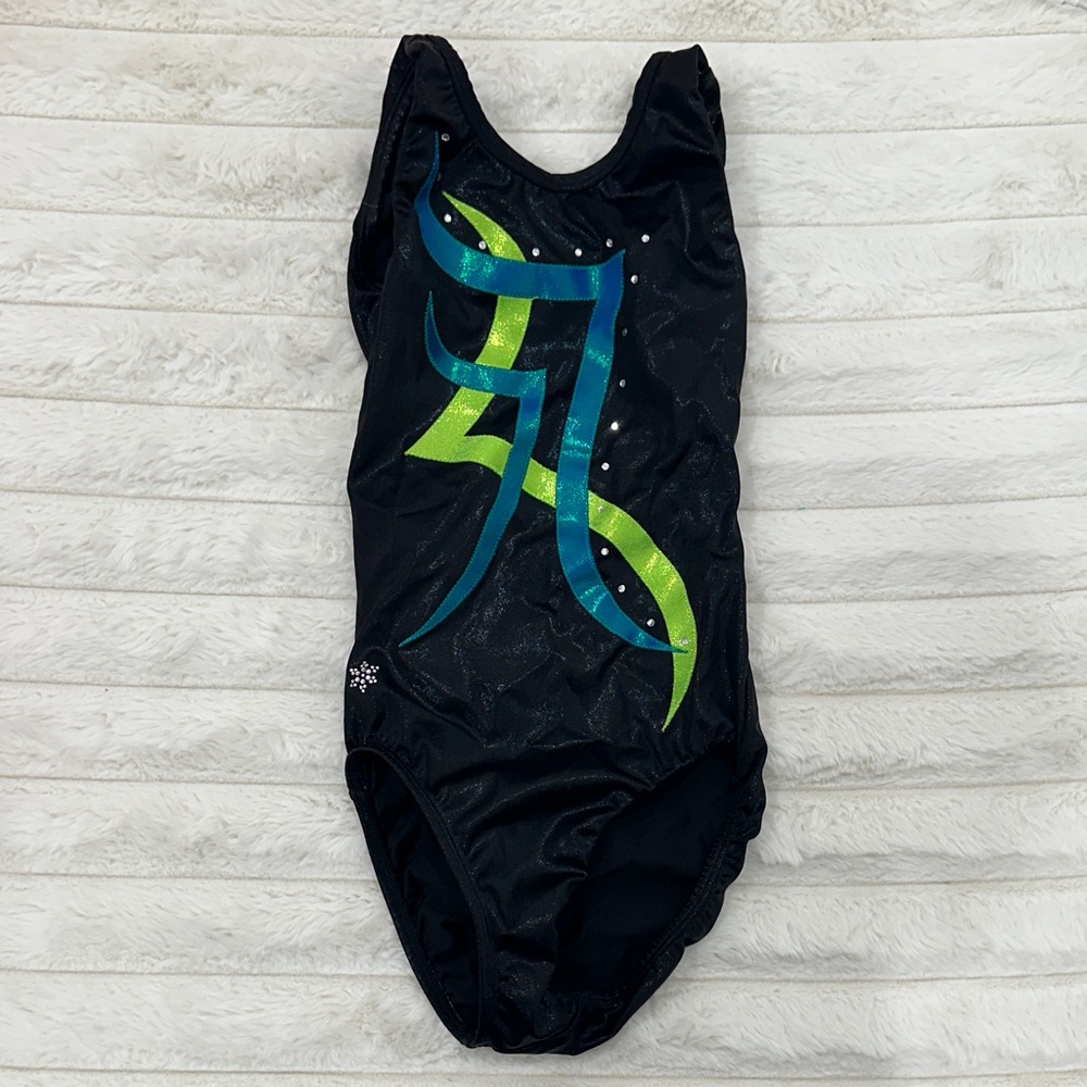 Snow Flake Designs Stylish Black Leotard with Vibrant Blue and Green Design